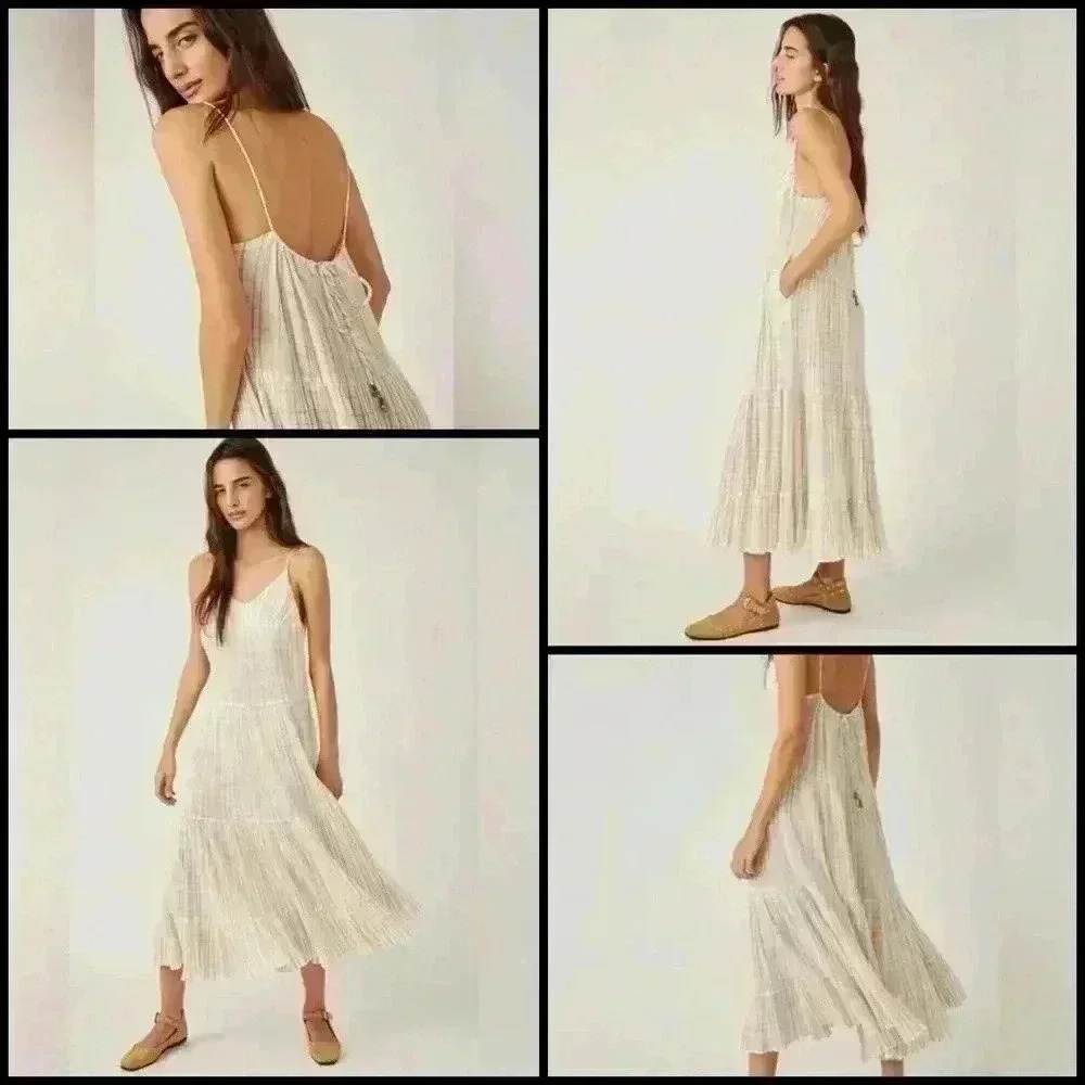 Free People Marigold Cotton Gauze Bohemian Tiered Pockets Maxi Sundress Size L